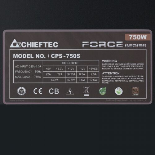 Блок питания Chieftec PSU CPS-750S 750W FORCE ATX2.3 APFC 85+ 240V RTL 12cm Fan Active PFC 20+8+4p; 24+8p; 24+8p; 6xSATA; 3xMolex+FDD Efficiency >80% фото 5