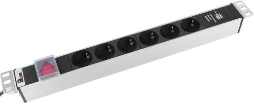 Блок розеток Rem-16 с выкл и USB-портом, 6 Schuko, 16A, алюм., 19