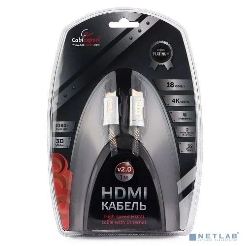 Кабель HDMI Cablexpert, серия Platinum, 1 м, v2.0, M/ M, нейлоновая оплетка, позол.разъемы, металлический корпус, нейлоновая оплетка, блистер (CC-P-HDMI02-1M)
