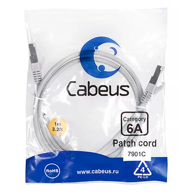 Cabeus PC-SSTP-RJ45-Cat.6a-1m-LSZH Патч-корд S/ FTP, категория 6а (10G), 2xRJ45/ 8p8c, экранированный, серый, LSZH, 1м