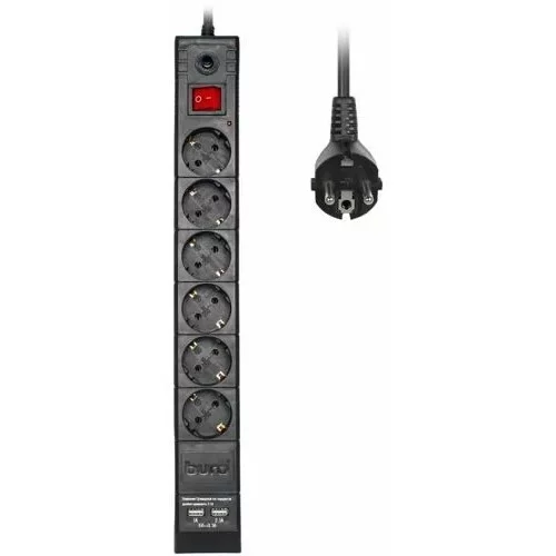 Сетевой фильтр Buro BU-SP1.8_USB_2A-B 1.8м (6 розеток) черный (коробка)