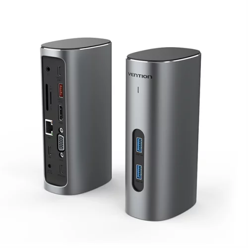 Vention USB-C to HDMI/ VGA/ USB 3.1 Gen 2/ USB 3.1 Gen 2-C/ USB 3.0x2/ RJ45/ SD/ TF/ TRRS 3.5mm/ PD/ DC Docking Station Gray Vertical Aluminum Alloy Type EU Standard (TPJH0-EU)