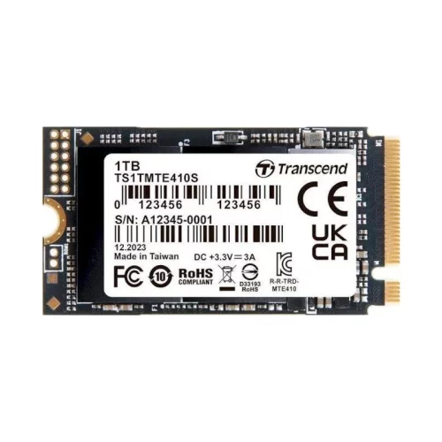 Твердотельный накопитель/ Transcend SSD MTE410S, 1000GB, M.2(22x42mm), NVMe, PCIe 4x4, 3D TLC, R/W 5000/3500MB/s, IOPs 570 000/700 000, TBW 600, DWPD 0.33, DRAM-less (5 лет)