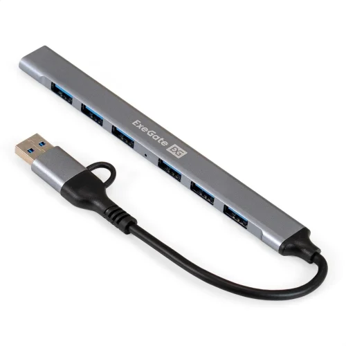 Exegate EX299790RUS USB-Хаб (концентратор) 7-в-1 ExeGate DUB-761C3 (кабель-адаптер USB Type-A + Type-C --] 6xUSB2.0, 1xUSB3.0, Plug&Play, серебристый)
