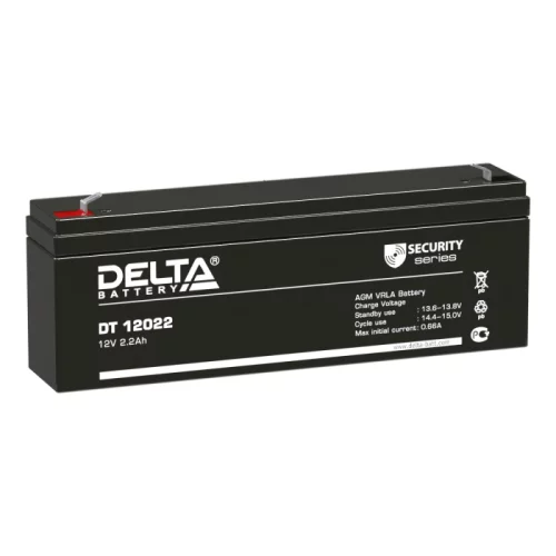 Батарея DELTA серия DT, DT 12022, напряжение 12В, емкость 2.2Ач (разряд 20 часов), макс. ток разряда (5 сек.) 44А, макс. ток заряда 0.66А, свинцово-кислотная типа AGM, клеммы F1, ДxШxВ 179х35х61мм., вес 0.94кг., срок службы 5 лет./ Battery DELTA series D