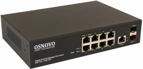 PoE Коммутатор OSNOVO SW-80802/L(150W) Управляемый L2 PoE коммутатор Gigabit Ethernet на 8 RJ45 PoE + 2 x GE SFP порта. Порты: 1 x GE (10/100/1000Base-T) с PoE (до 60W, A+B) + 7 x GE (10/100/1000 Base-T) с PoE (до 3