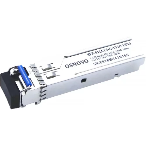 Oптический SFP модуль OSNOVO SFP-S1LC13-G-1310-1550 Оптический SFP Модуль. Одно волокно Single Mode. Скорость: до 1,25 Гбит/c. Тип разъема: LC. Оптический бюджет: 13дБ. Расстояние передачи - до 20км. Рабочая длина волны,нм