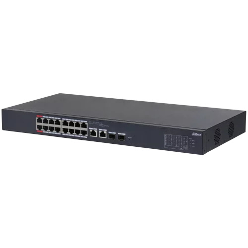 Коммутатор DAHUA DH-CS4218-16ET-135 16-портовый PoE коммутатор с облачным управлением, 16xRJ45 100Mb, 2хКомбо SFP/RJ45 1Gb uplink, суммарно 135Вт, коммутация 7.2 Гбит/с, MAC-таблица 8К (DH-CS4218-16ET-135)