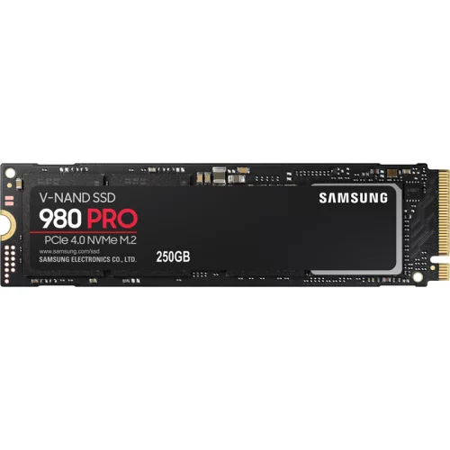 Твердотельные накопители/ Samsung SSD 980 PRO, 250GB, M.2(22x80mm), NVMe 1.3c, PCIe 4.0 x4, 3-bit MLC, R/W 6400/2700MB/s, IOPs 500 000/600 000, TBW 150, DWPD 0.33 (12 мес.) (MZ-V8P250B/AM)