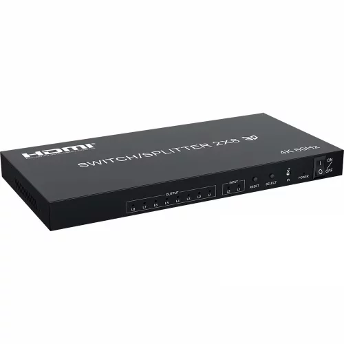 ORIENT HSP0208H-2.0, HDMI переключатель/разветвитель 2-]8, UHD 4K/60Гц (3840x2160), HDR, HDMI 2.0, HDCP 2.2, пульт ДУ, внешний БП 5В/2A, метал.корпус (33321)