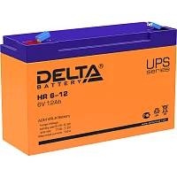 Батарея DELTA серия HR, HR 6-12, напряжение 6В, емкость 12Ач (разряд 20 часов), макс. ток разряда (5 сек.) 175А, макс. ток заряда 3.6А, свинцово-кислотная типа AGM, клеммы F1, ДxШxВ 151х50х94мм., вес 1.85кг., срок службы 8 лет./ Battery DELTA series HR,