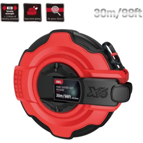 Мерная лента Deli DL9930Y 30м x 14,5мм, ударопрочный корпус с резиновыми вставками, полотно из стекловолокна и ПВХ, увеличенная скорость сматывания ленты