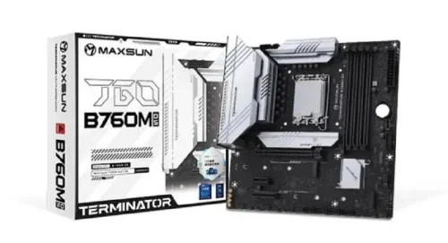 MAXSUN MS-Terminator B760M D5 WiFi V1/V2 (Socket 1700, mATX, 4*DDR5, DP/HDMI, 4xSATA3, 3*M.2,xPCI-E x16 /1xPCI-E x1, 6*USB 2.0, 2 * USB 3.2 Gen1, LAN 1*2.5G, Bluetooth, Wi-Fi 802.11ax, RTL)