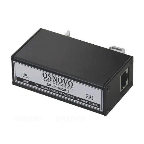 Устройство грозозащиты для локальной вычислительной сети OSNOVO SP-IP-10GPD Устройство грозозащиты для локальной вычислительной сети (скорость до 2,5 Гбит/с для кабеля Сat5e, скорость до 10 Гбит/с для кабеля Сat6a) с защитой линий PoE (af/at/bt, методы A