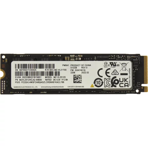 Твердотельный накопитель/ Samsung SSD PM9A1, 512GB, M.2(22x80mm), NVMe, PCIe 4.0 x4, R/W 6900/5000MB/s, IOPs 800 000/800 000, DRAM buffer 512MB (12 мес.) (MZVL2512HCJQ-00B00)