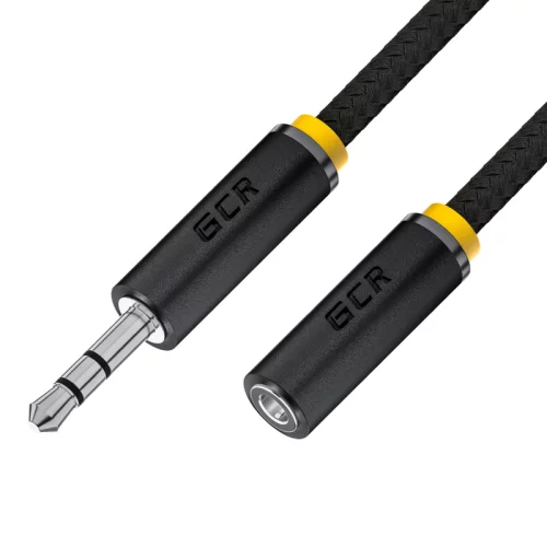 GCR Удлинитель аудио 1.0m jack 3,5mm/ jack 3,5m нейлон, черный, желтая окантовка, ультрагибкий, 28 AWG, M/ F, Premium GCR-STM8114-1.0m, экран, стерео