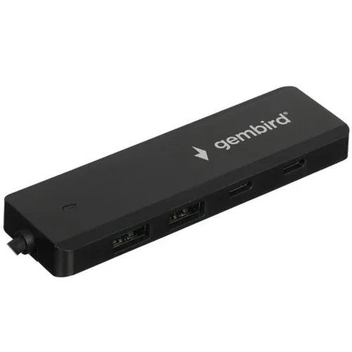 Gembird Разветвитель USB3.1 2xUSB, 2xType-C, с доп.пит (Type-C), кабель USB 19см, черный, коробка (UHB-C415)