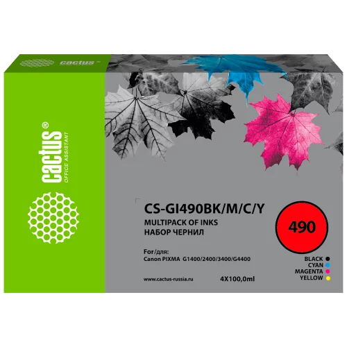 Чернила Cactus CS-GI490BK/M/C/Y GI-490 многоцветный набор 4x100мл для Canon Pixma G1400/G2400/G3400