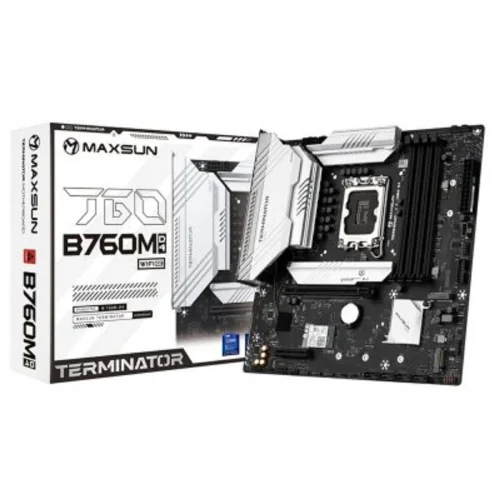 MAXSUN MS-Terminator B760M D4 WIFI6E V2 (Socket 1700, mATX, 4*DDR4(128b), DP/HDMI, 4*SATA3, 3*M.2, 1xPCI-E x16 /1xPCI-E x4, 6*USB 2.0, 2*USB 3.2 GEN2, LAN 1*2.5G, Bluetooth, Wi-Fi 802.11ax, RTL)