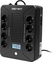Источник бесперебойного питания SMARTWATT ИБП линейно-интерактивный, мощность 600/ 360 ВА/ Вт, напольный/ настенный, LCD дисплей, Shuko CEE7/ 4 - 8 шт. (4 шт. с резервным питанием, 4 шт. - сетевой фильтр), встроенные АКБ (UPS SAFE PRO LCD 600)