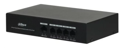 DAHUA 4-портовый неуправляемый коммутатор с РоЕПорты: 4 RJ45 10/ 100Мбит/ с (PoE/ PoE+/ Hi-PoE), 1 RJ45 10/ 100Мбит/ с (uplink); мощность PoE: суммарно до 36Вт; передача до 250м; питание: 48~57В(DC) (DH-PFS3005-4ET-36)