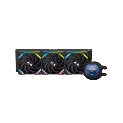 Водяное охлаждение для процессора/ Water Cooling System SAMA Q70 Black (360mm, LED temp., Black, ARGB/ Fans: 3x120mm, 86CFM, 30dBA, 2600RPM/ Pump height 64mm, 30dBA, 2800RPM, Rad thickness 27mm/ S: 18 (Q70-BKWAYNO3-G)