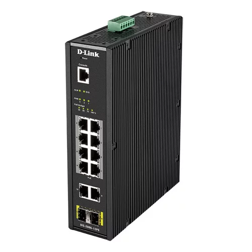 Коммутатор/ DIS-200G-12PS Managed L2 Industrial Switch 10x1000Base-T (8x1000Base-T PoE), 2x1000Base-X SFP, PoE Budget 123W, Surge 6KV, CLI, RJ45 Console, Alarm relay, Dying Gasp, DIN-Rail, metal case IP30, -40 to 65°C, w/ (DIS-200G-12PS/A2A)
