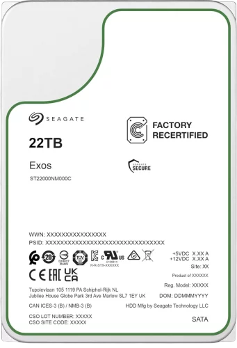 Жесткий диск/ HDD Seagate SATA3 22Tb Exos X22 7200 512Mb OFFICIAL RECERTIFIED 1 year warranty (ST22000NM000C)