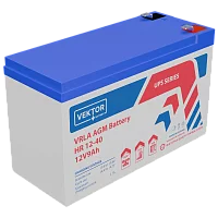 Батарея Vektor Battery серия HR, HR 12-40W, напряжение 12В, емкость 9 Ач (разряд 20 часов), макс. ток разряда (5 сек.) 135А, макс. ток заряда 2,7A, свинцово-кислотная типа AGM, клеммы F2, ДxШxВ 151x65