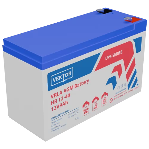 Батарея Vektor Battery серия HR, HR 12-40W, напряжение 12В, емкость 9 Ач (разряд 20 часов), макс. ток разряда (5 сек.) 135А, макс. ток заряда 2,7A, свинцово-кислотная типа AGM, клеммы F2, ДxШxВ 151x65