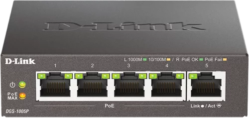 D-Link DGS-1005P/ B3A Неуправляемый коммутатор с 5 портами 10/ 100/ 1000Base-T (4 порта PoE 802.3af/ at, PoE-бюджет 60 Вт) (DGS-1005P/B3A)