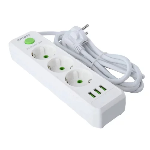 Amper сетевой удлинитель, 2,0м, 3 розетки, 10А, 2500 Вт, 3usb, белый. (JH-1031U-2W)