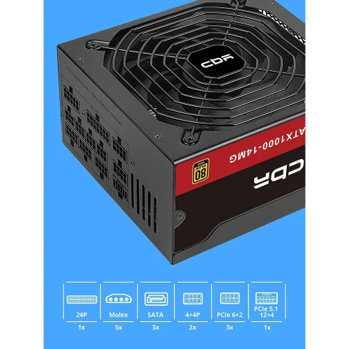 Блок питания CBR ATX 1000W 80+ Gold, Full Modular, DC-DC, APFC, 24pin, 1*PCIE5.1(12+4pin), 2*8-pin(4+4P), 3*6+2pin, 3*SATA, 5*IDE, 14cm fan, 1.5м кабель питания, черный [PSU-ATX1000-14MG/14GM] BOX фото 3