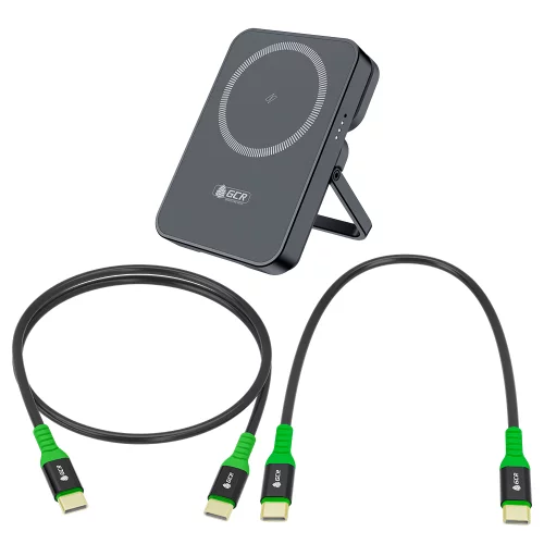 GCR PRO Комплект PowerBank магнитный 2в1 на 5000mAh MagSafe беспроводная зарядка/Type-C PD + 2 кабеля Type-C M/M, 0.15m/1.0m PD 60W, черный, GCR-57403
