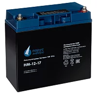 Battery Parus Electro, standard series HM-12-26, voltage 12V, capacity 26Ah (discharge 20 hours), max. discharge current (5sec) 300A, max. charge current 9.6A, lead-acid AGM type, M5 bolt terminals, LxWxH 175x166x125mm., total height with terminals 125mm.