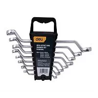 Набор накидных изогнутых гаечных ключей 8 шт Deli DL150008A размеры 6x7, 8x9, 10x11, 12x13, 14x15, 16x17, 18x19, 20x22 мм, матовая хромированная поверхность, пластиковый кейс