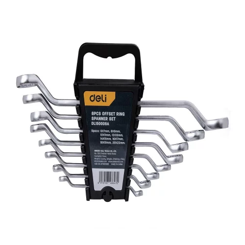 Набор накидных изогнутых гаечных ключей 8 шт Deli DL150008A размеры 6x7, 8x9, 10x11, 12x13, 14x15, 16x17, 18x19, 20x22 мм, матовая хромированная поверхность, пластиковый кейс
