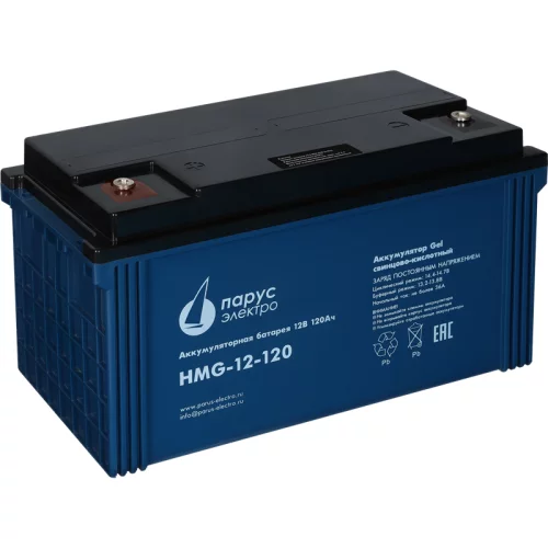 Battery Parus Electro, professional series HMG-12-120, voltage 12V, capacity 120Ah (discharge 10 hours), max. discharge current (5sec) 950A, max. charge current 36A, lead-acid GEL type, M8 bolt terminals, LxWxH 410x176x224mm., total height with terminals 