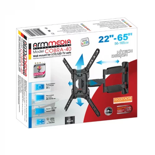 Кронштейн Arm media COBRA-40 настенный, для LED/LCD TV 22-65, наклон +5°-15°, поворот 180°, вращение ±3°, от стены 49-515 мм, до 35 кг, черный (10195) фото 2