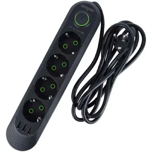 Amper сетевой удлинитель, 2,0м, 4 розетки, 3*0,75мм, 10А, 2500 Вт, 3usb, черный. (JH-1072U-2B)