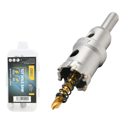 Коронка по металлу твердосплавная с центрирующим сверлом Deli DH-TCT027-E1 диаметр 27мм, шестигранный хвостовик