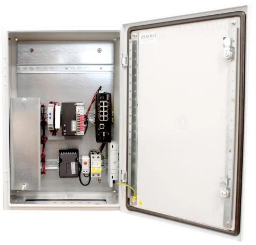 Уличный коммутатор OSNOVO OS-46TB1(SW-60812/I) Уличный коммутатор с термостабилизацией и резервным питанием на базе уличной станции OSNOVO OS-46TB1. Порты: 6 x FE (10/100Base-T) с PoE (до 30W) + 2 x FE (10/100Base-T) с