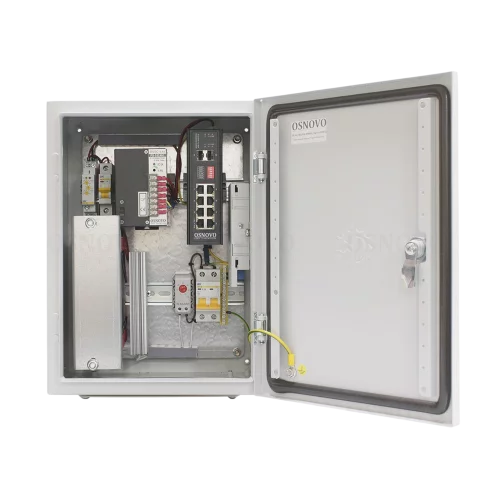 Уличный коммутатор OSNOVO OS-34TB1(SW-80802/I(port 90W)) Уличный коммутатор на 10 портов с термостабилизацией и резервным питанием на базе уличной станции OS-34TB1. Порты: 1 x GE (10/100/1000Base-T) с PoE BT (до 90W) +