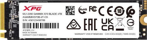 Твердотельный накопитель/ ADATA SSD GAMMIX S70 BLADE, 4096GB, M.2(22x80mm), NVMe, PCIe 4.0 x4, 3D TLC, R/W 7400/6600MB/s, IOPs 750 000/750 000, DRAM buffer 2048MB, TBW 2960, DWPD 0.4, with Heat Spreader (5 л? (AGAMMIXS70B-4T-CS)