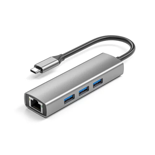 ORIENT JK-341N, Type-C разветвитель-сетевая карта USB 3.2 Gen1 (5 Гбит/ c), порты: 3xUSB-A + RJ45 Gigabit Ethernet, RTL8153, 100/ 1000 Мбит/ с, кабель USB Type-C, алюминиевый корпус, серебристый (33309)
