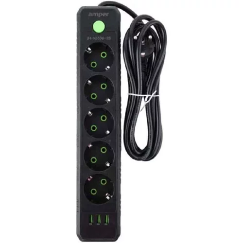 Amper сетевой удлинитель, 2,0м, 5 розеток, 10А, 2500 Вт, 3usb, черный. (JH-1033U-2B)