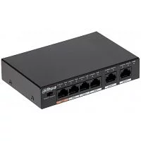 Коммутатор DAHUA DH-PFS3006-4ET-60 4-портовый неуправляемый коммутатор с РоЕ, 4xRJ45 100Mb PoE, 2xRJ45 100Mb uplink, суммарно 60Вт, коммутация 1.8 Гбит/с, MAC-таблица 2К, металл (DH-PFS3006-4ET-60)