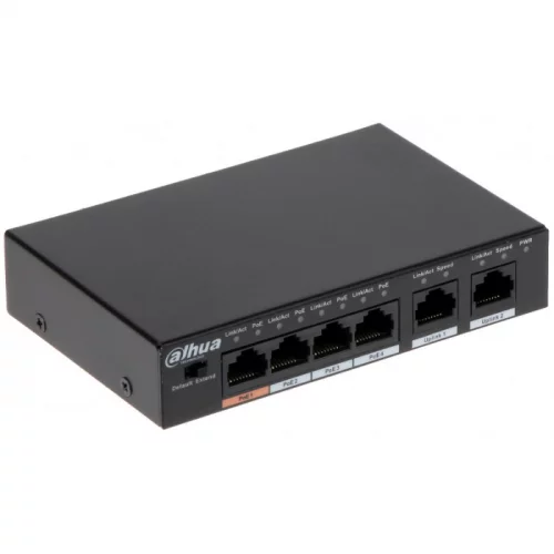 Коммутатор DAHUA DH-PFS3006-4ET-60 4-портовый неуправляемый коммутатор с РоЕ, 4xRJ45 100Mb PoE, 2xRJ45 100Mb uplink, суммарно 60Вт, коммутация 1.8 Гбит/с, MAC-таблица 2К, металл (DH-PFS3006-4ET-60)