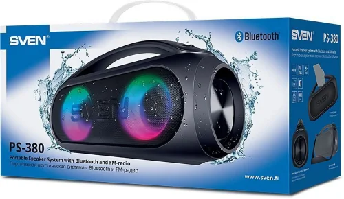 SVEN PS-380 2.0 чёрные Мобильные колонки (2x20W, IPx5, USB, Bluetooth, FM-радио, LED-подсветка, ручка, 3000 мA ) (SV-021290) фото 13