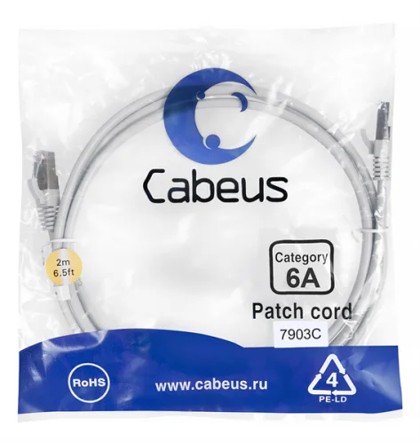 Cabeus PC-SSTP-RJ45-Cat.6a-2m-LSZH Патч-корд S/ FTP, категория 6а (10G), 2xRJ45/ 8p8c, экранированный, серый, LSZH, 2м